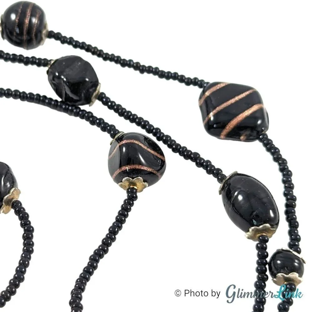 Vintage Long Black Gold Flecked Beaded Bohemian Necklace